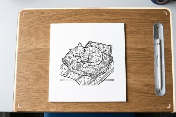 Download Cat Coloring Page with Floral Blanket - Premium Resources